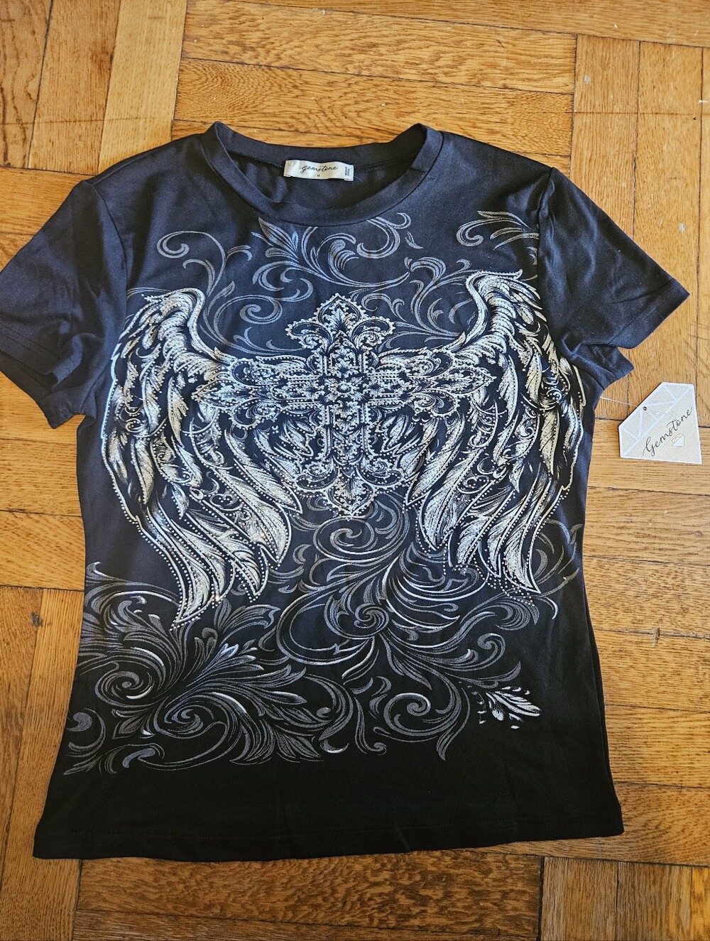 Black Graphic Wing Tee With Gems